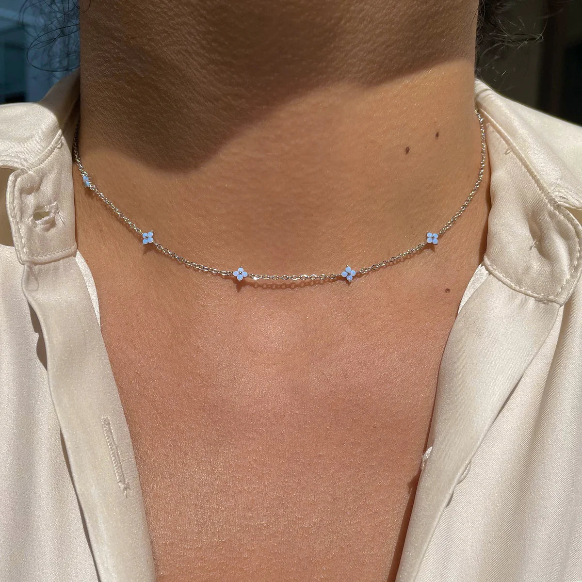 Dainty Blue Crystal Flower Station Necklace