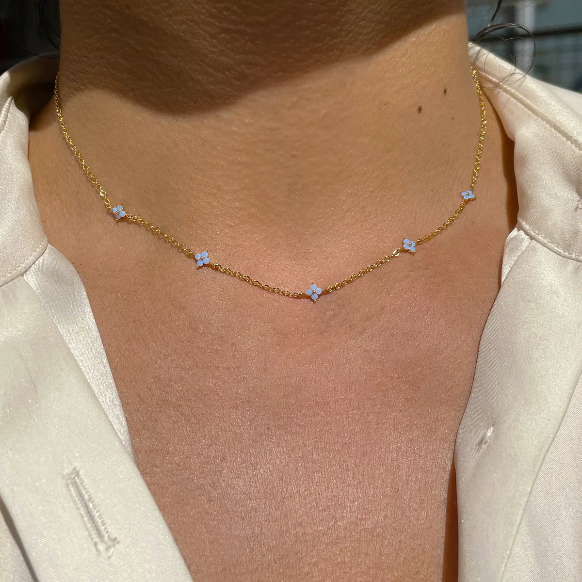Dainty Blue Crystal Flower Station Necklace