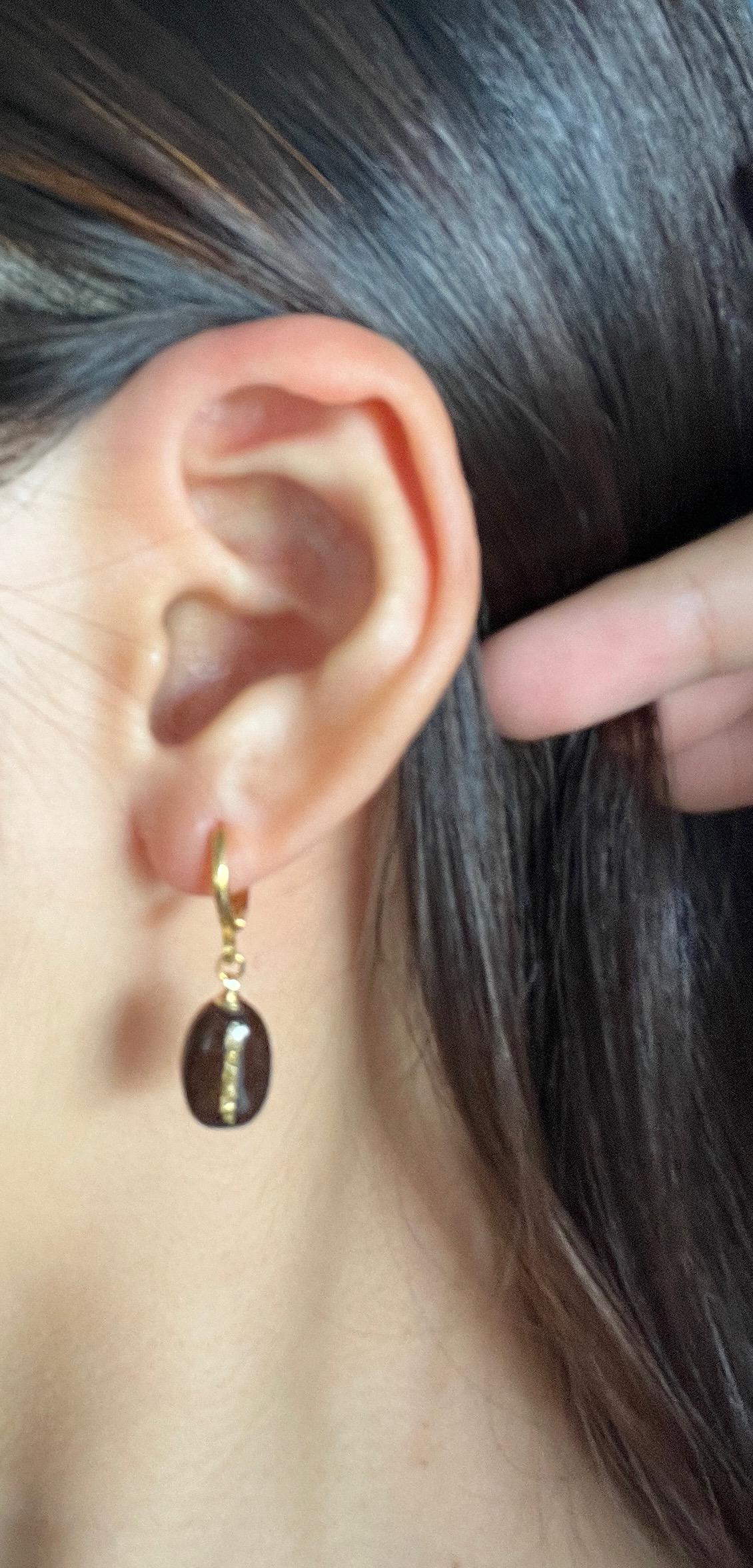 Handmade real coffee bean huggie earrings, unique leverback hoop earrings in gold, gift for coffee lover, coffee accessories