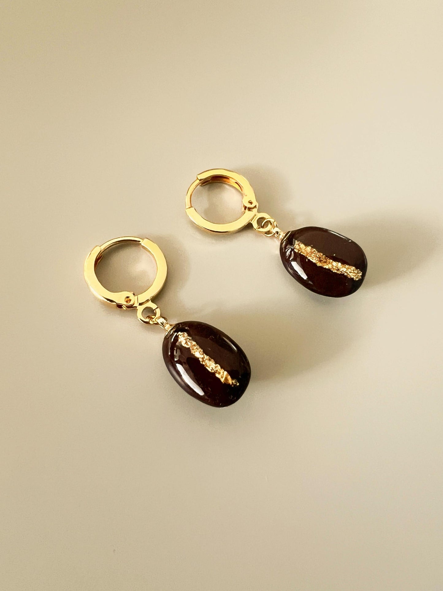 Handmade real coffee bean huggie earrings, unique leverback hoop earrings in gold, gift for coffee lover, coffee accessories