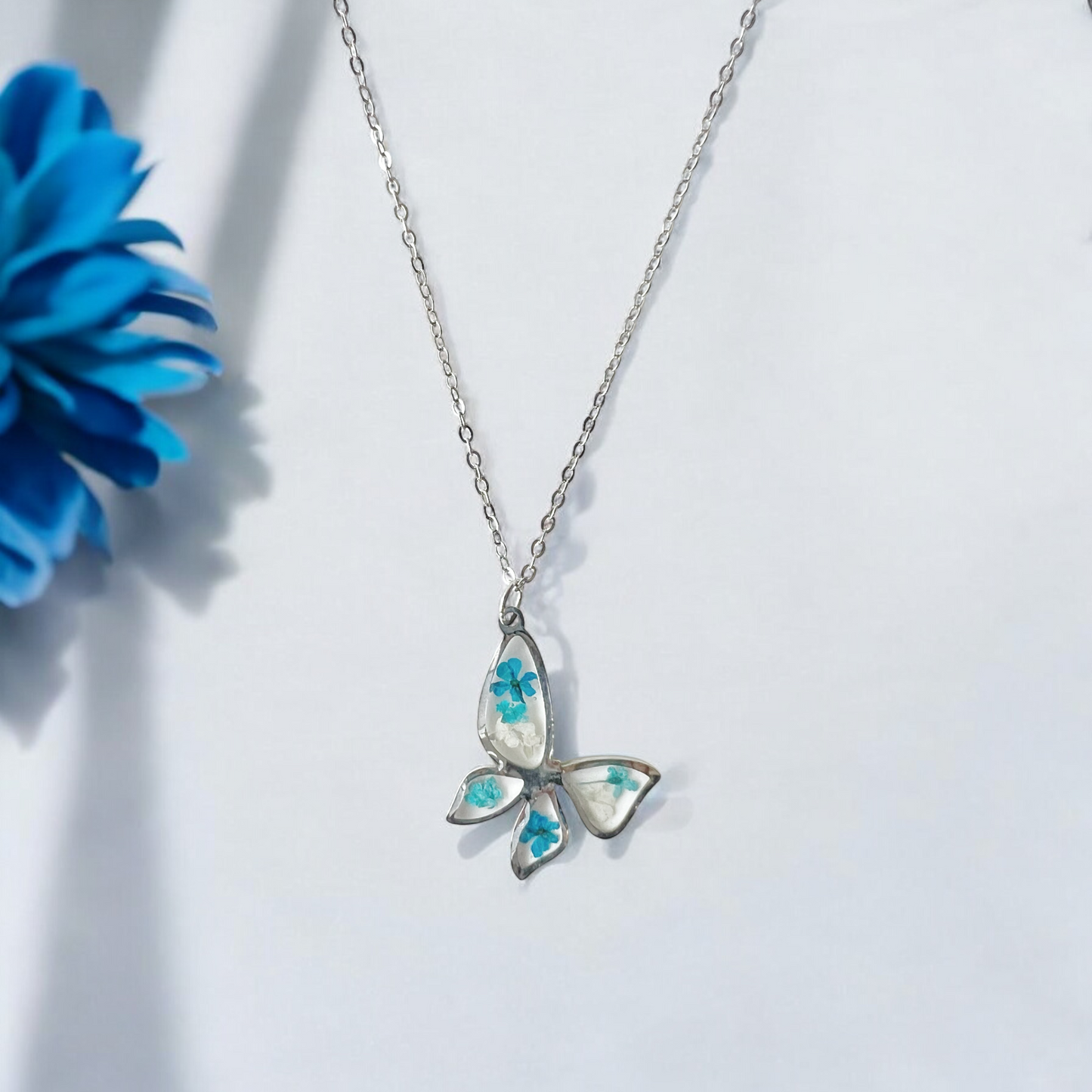 Blue Flower Butterfly Necklace